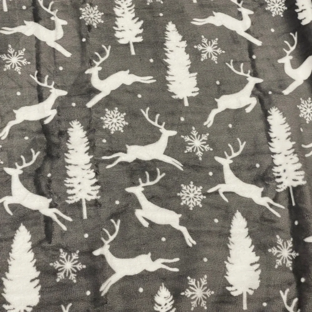 Home Reflections Gray White Christmas Tree Reindeer Throw Blanket
